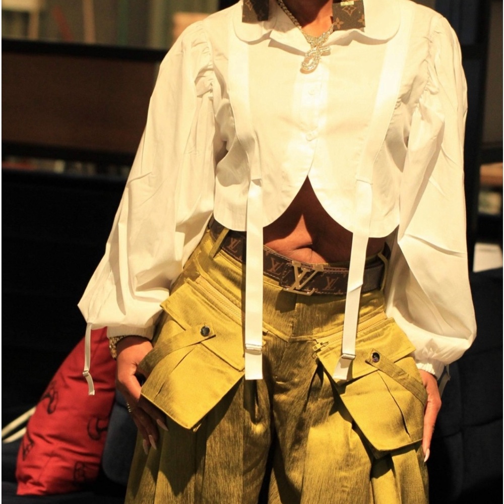 Greenish gold flare leg pants